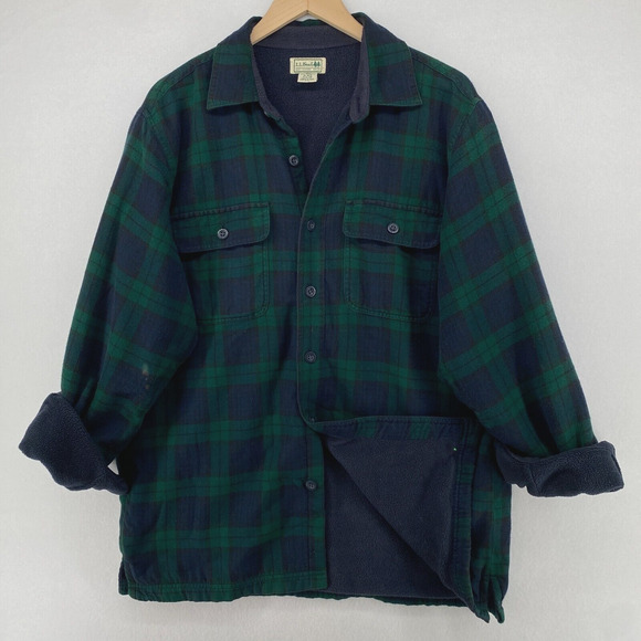 L.L. Bean Other - LL BEAN Shirt Mens M Fleece Lined Flannel Blackwatch Plaid Shacket Cotton Green